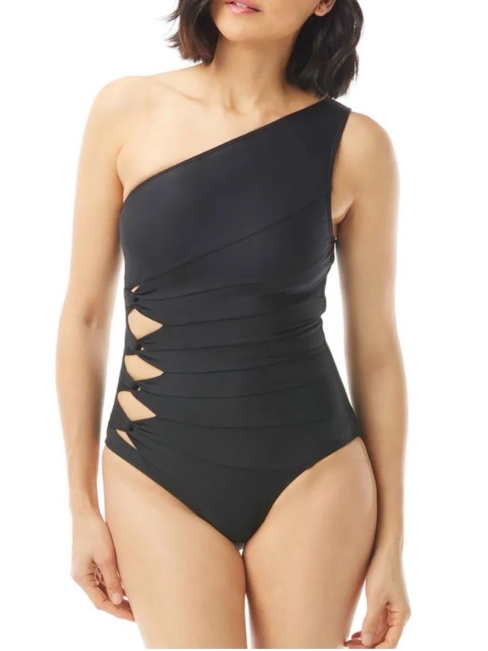 Carmen Marc Valvo One-Shoulder Black Cutout Women's Swimsuit Sz 10